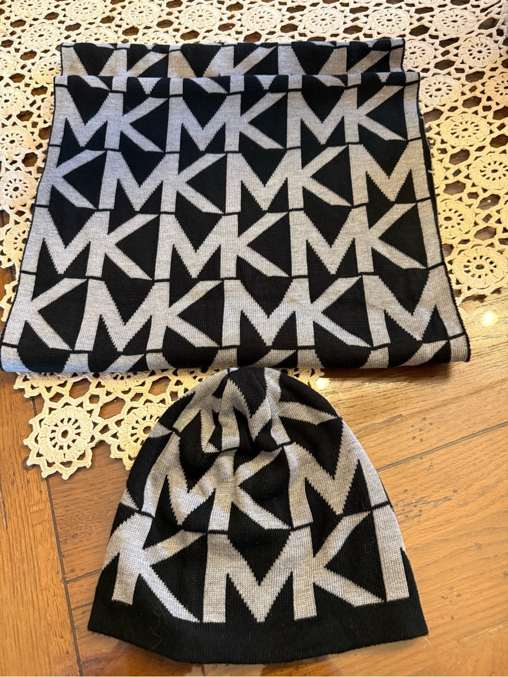 Michael Kors Black & Silver MK Logo Knit Scarf and Beanie Set